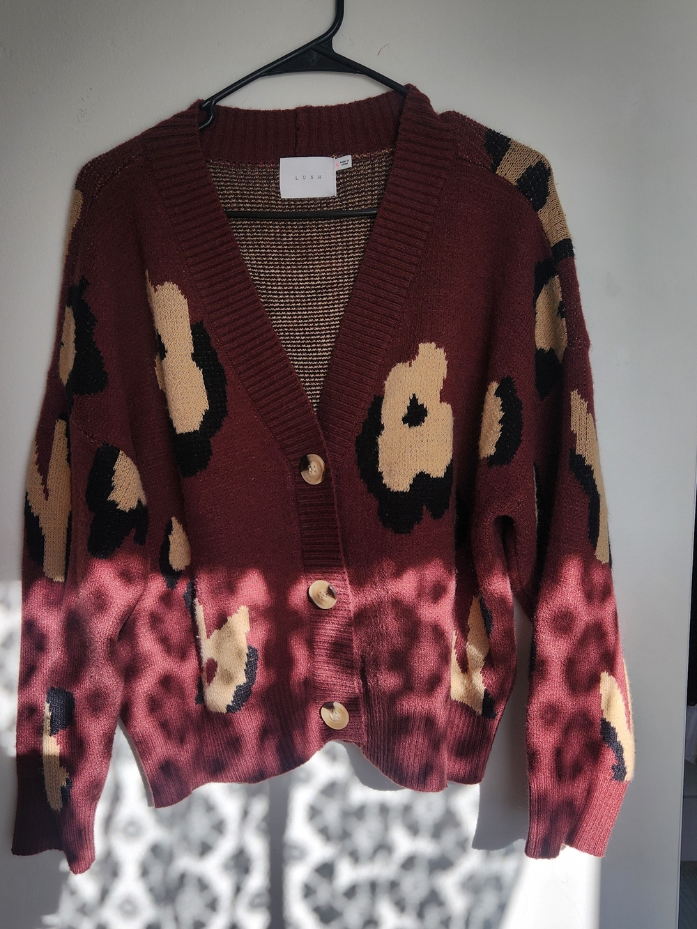 Lush Burgundy Floral-Print Button Cardigan